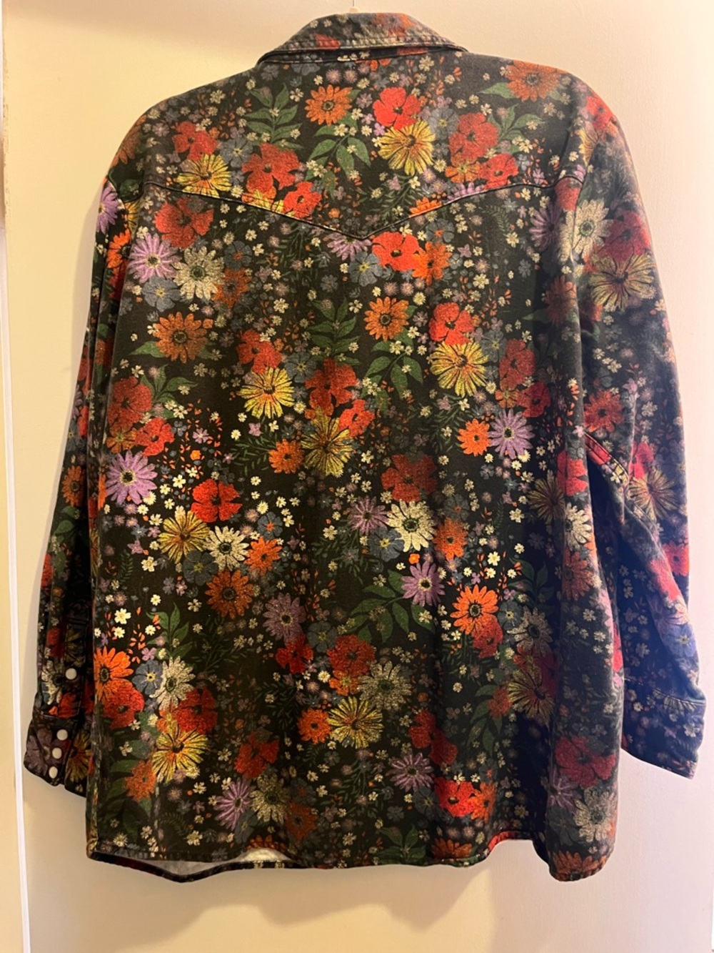 Wrangler Floral Snap Shirt Jacket in Black with Cream, Orange and Purple Accents - Picture 2 of 4